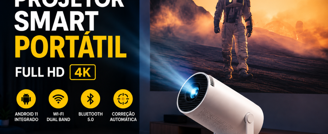 Projetor Smart Portátil Full HD 4K: transforme seu quarto em um cinema 🍿🎬