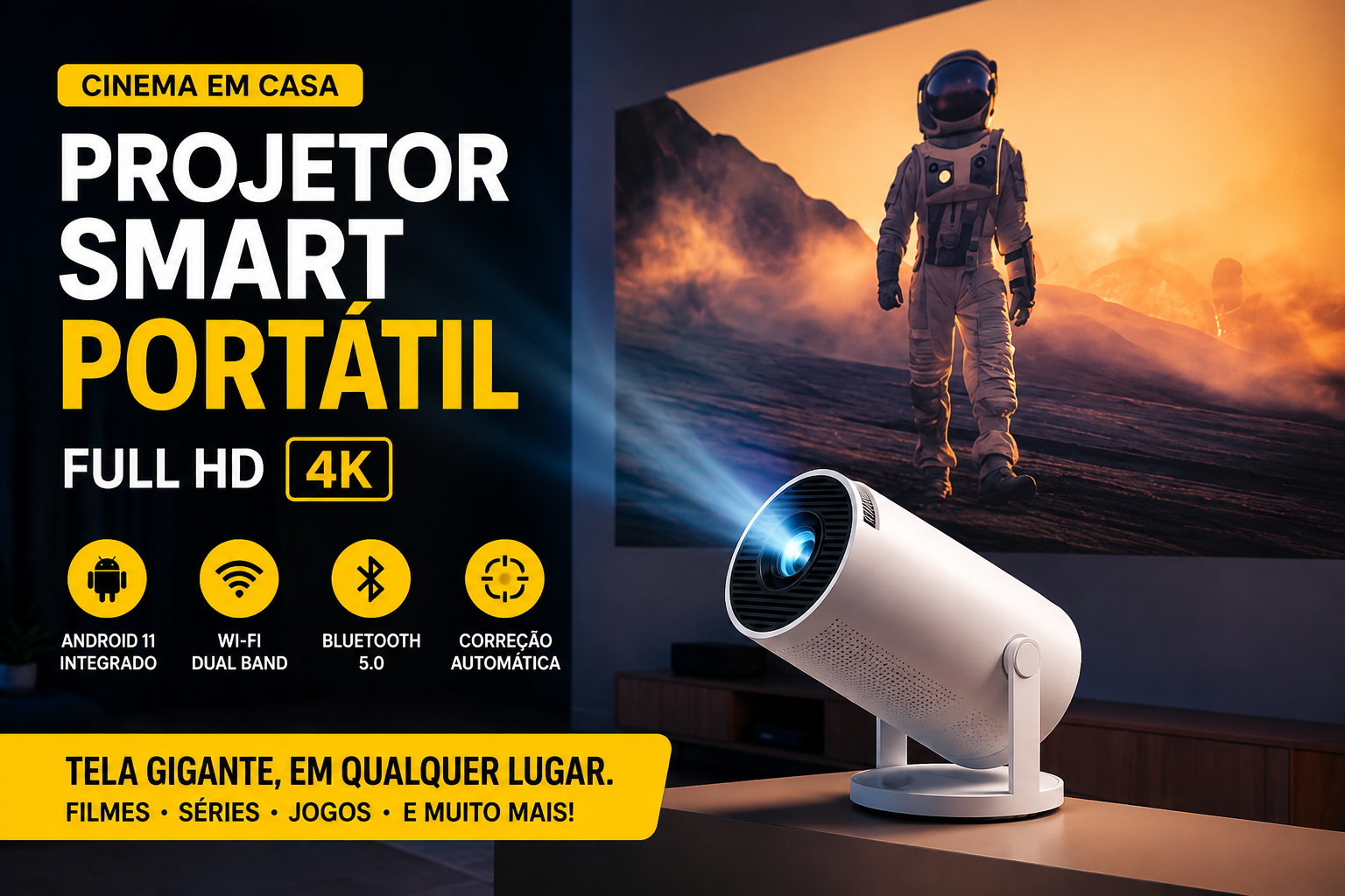 Projetor Smart Portátil Full HD 4K: transforme seu quarto em um cinema 🍿🎬